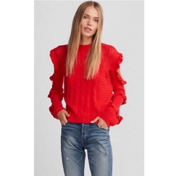 Express Red Lace Ruffle Sleeve Cold Shoulder Sweater - Picture 1 of 5